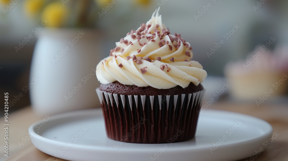 Cinematic photo of a red velvet cupcake with cream cheese frosting, sprinkled chocolate on top, sitting on a white plate on a wooden table with a blurry background of a cafe interior Cinematic photo of a red velvet cupcake with cream cheese frosting, sprinkled chocolate on top, sitting on a white plate on a wooden table with a blurry background of a cafe interior