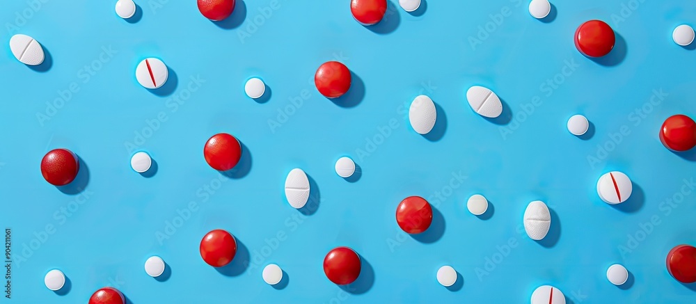 Medical pills displayed on a blue backdrop providing healthcare representation in a flatly styled copy space image Medical pills displayed on a blue backdrop providing healthcare representation in a flatly styled copy space image