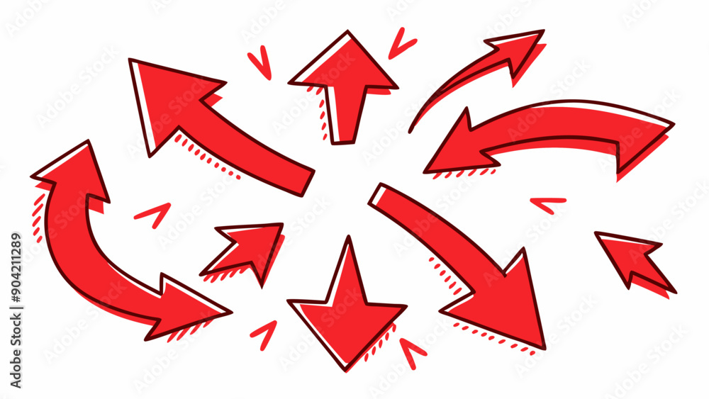 Multiple Hand-Drawn Red Arrows Pointing in Various Directions with Playful and Dynamic Style for Educational Materials and Creative Projects Multiple Hand-Drawn Red Arrows Pointing in Various Directions with Playful and Dynamic Style for Educational Materials and Creative Projects