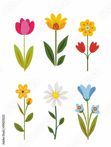 A set of six colorful flowers with green leaves