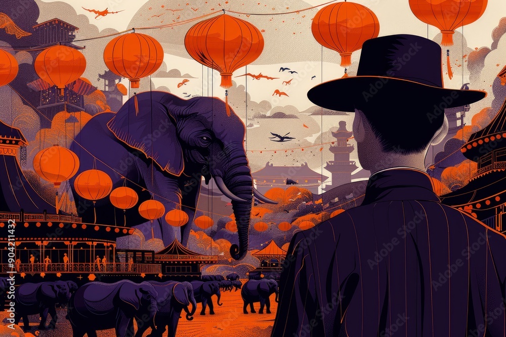 Naklejka premium Man in a Fedora Stands Before an Elephant in a Dreamy, Asian-Inspired Landscape