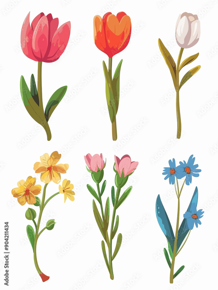 A set of six flowers, including tulips, are drawn in a variety of colors A set of six flowers, including tulips, are drawn in a variety of colors