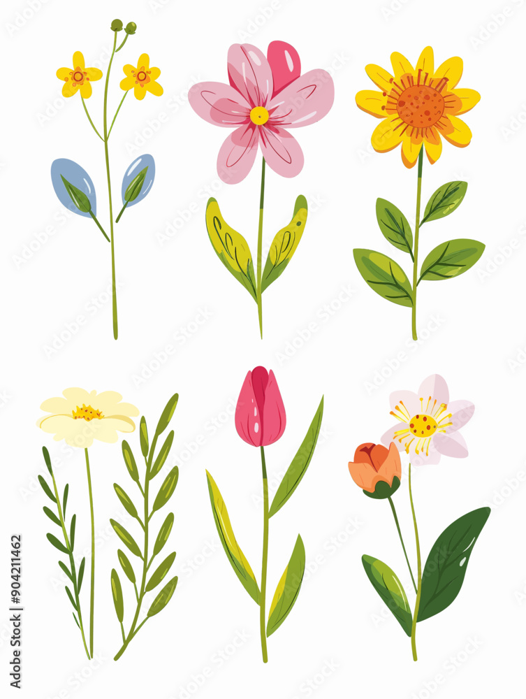 A set of six flowers with different colors and sizes A set of six flowers with different colors and sizes