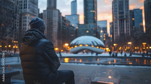 Solitary figure in Millennium Park at dusk gazing at iconic Chicago skyline