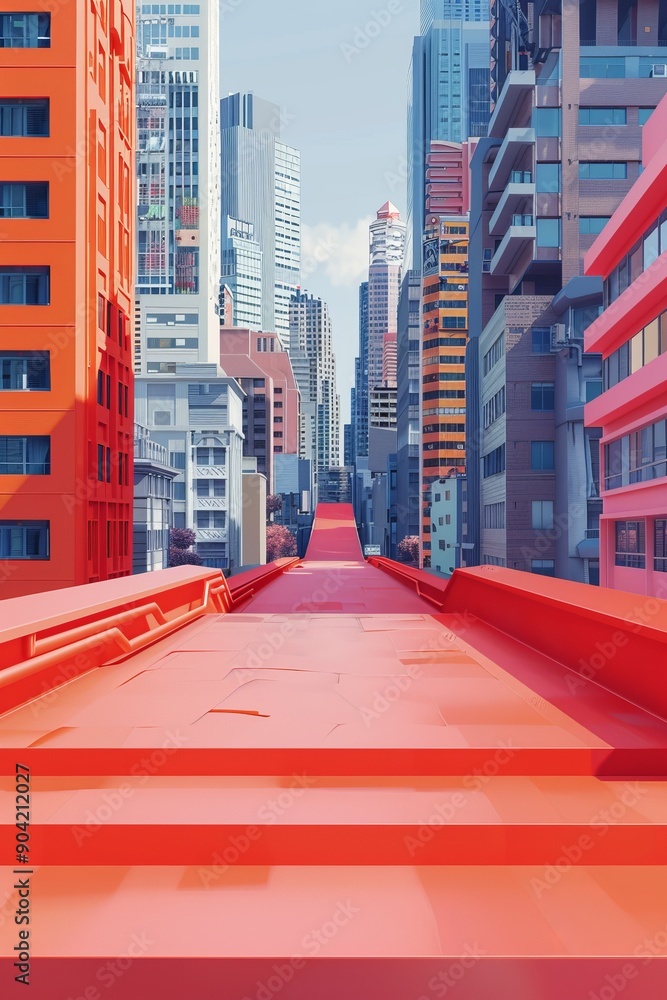 Obraz premium Modern urban cityscape with a unique red pathway surrounded by skyscrapers in daylight