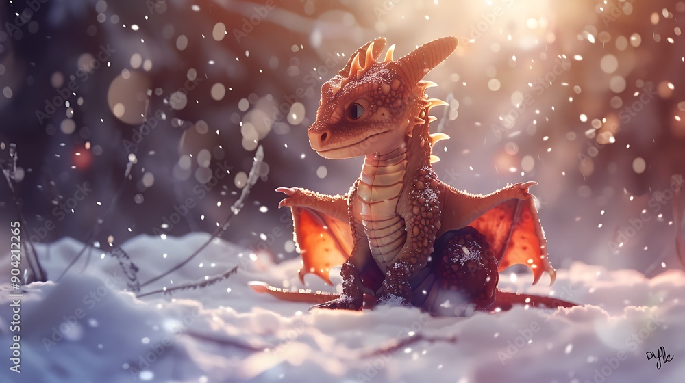 Adorable young dragon sitting in the snow for a child