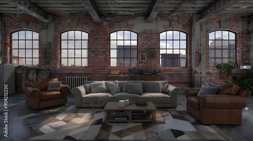 Industrial Loft Living Room with Leather Sofas and City View