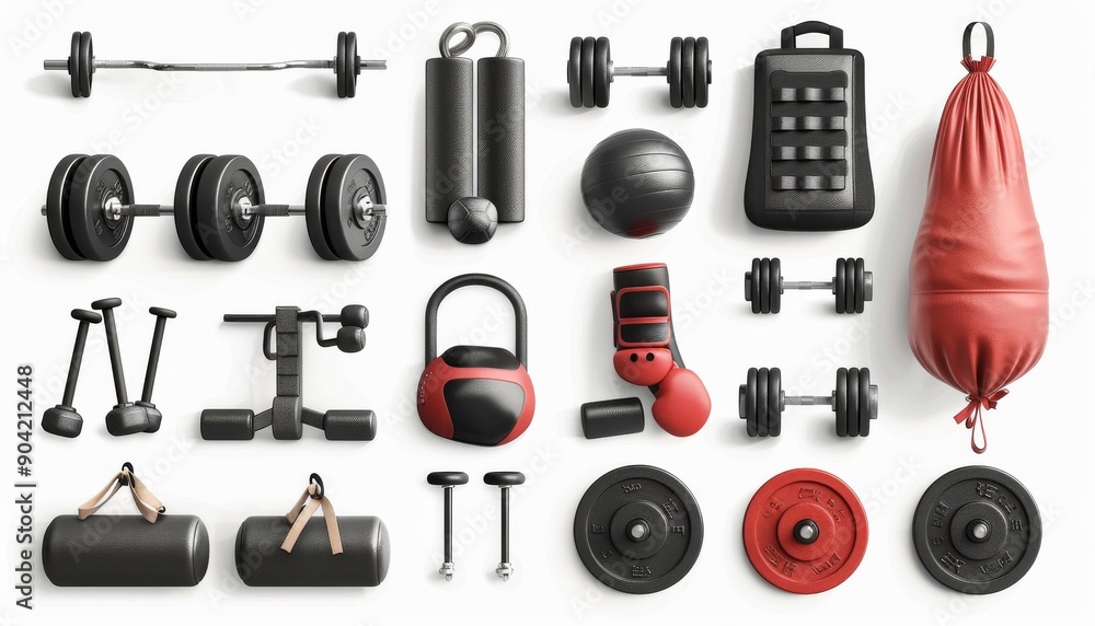 Obraz premium Photo of fitness equipment icons including gym weights, boxing gloves, treadmills, and a punch bag