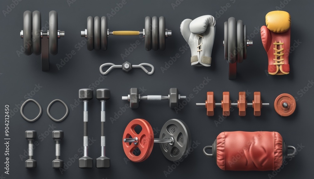 Photo of fitness equipment icons including gym weights, boxing gloves, treadmills, and a punch bag Photo of fitness equipment icons including gym weights, boxing gloves, treadmills, and a punch bag