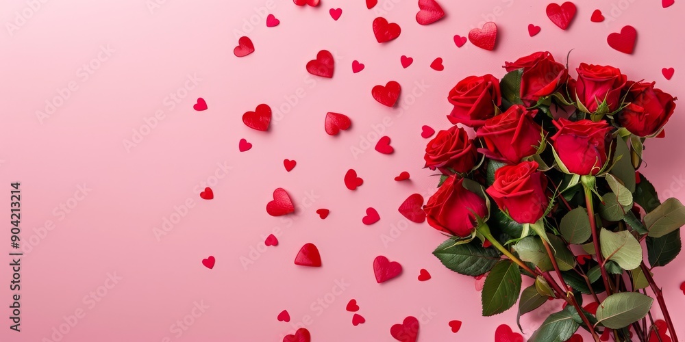 A beautiful and vibrant display of lush red roses elegantly surrounded by heart shapes on a soft pink background A beautiful and vibrant display of lush red roses elegantly surrounded by heart shapes on a soft pink background