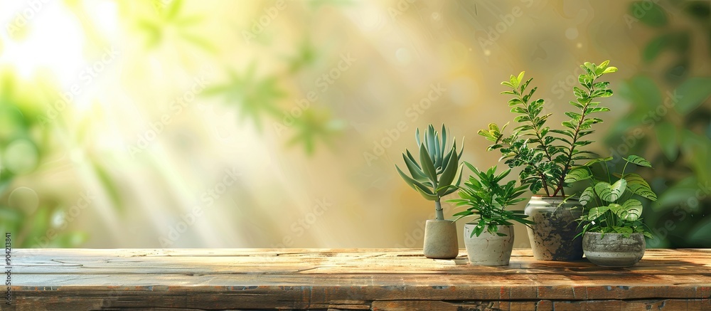 Decorative mini plants on a wooden table with small potted plants and trees for home decoration creating a lovely scene with copy space image Decorative mini plants on a wooden table with small potted plants and trees for home decoration creating a lovely scene with copy space image