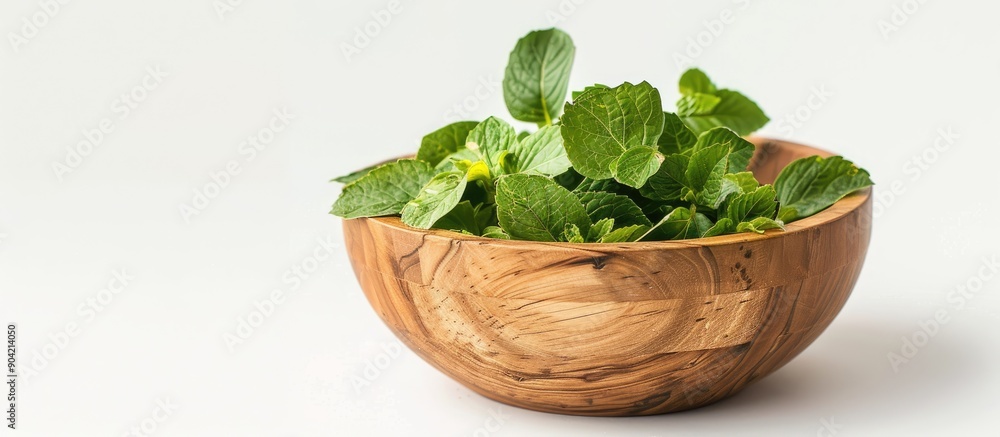 Pudina leaves in a wooden bowl on a white background with ample copy space image Pudina leaves in a wooden bowl on a white background with ample copy space image