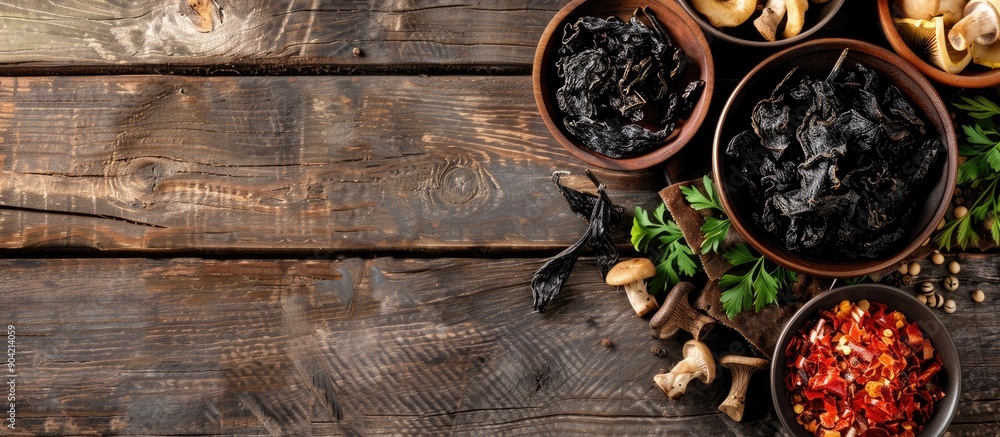 Top view of a rustic table with a meal featuring dried black fungus mushrooms a snack option and ample copy space for food background Top view of a rustic table with a meal featuring dried black fungus mushrooms a snack option and ample copy space for food background