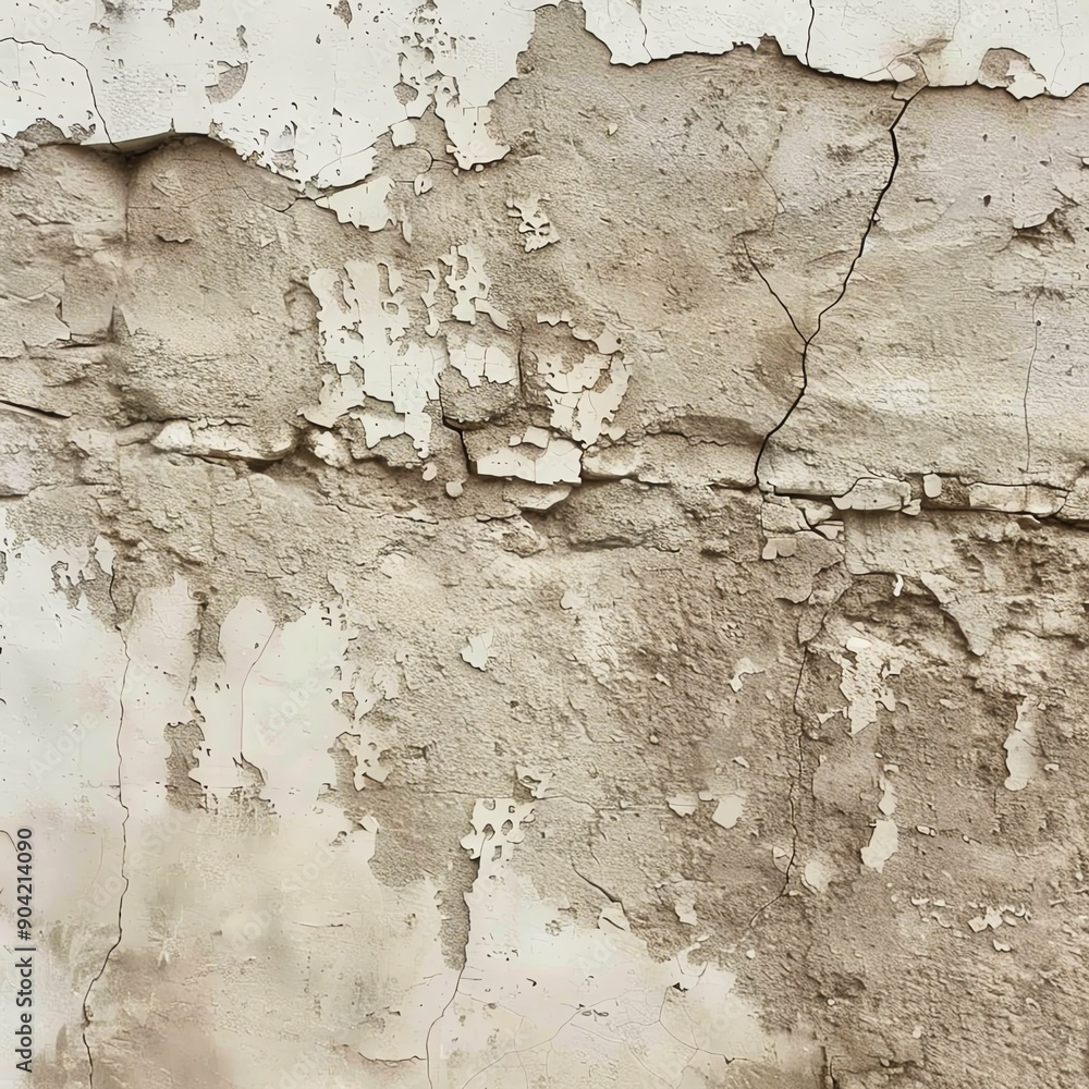 Obraz premium Rough plaster wall texture with a vintage look, showing cracks and weathered areas, Warm tones, Antique, Photography, High detail. copy space for text,