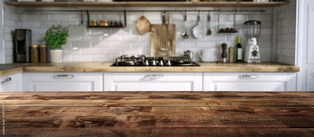 Blurry kitchen counter serves as backdrop for wood table with copy space image ideal for product displays or design layouts Blurry kitchen counter serves as backdrop for wood table with copy space image ideal for product displays or design layouts