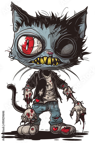 A cat with red eyes and a mouth full of teeth