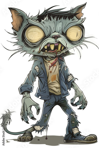 A cartoon cat with a zombie look on its face