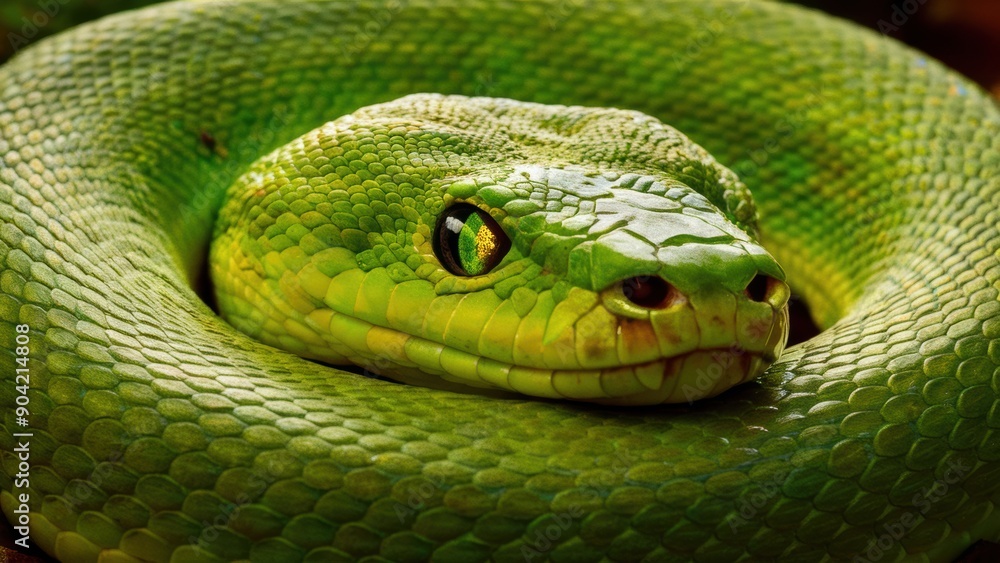 A close up of a green snake curled around itself, AI A close up of a green snake curled around itself, AI