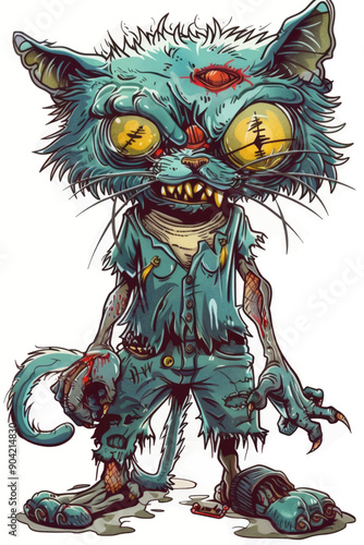 A cat with a creepy face and a blue shirt