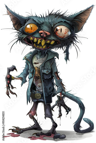 A cartoon cat with a bloody face and a jacket on