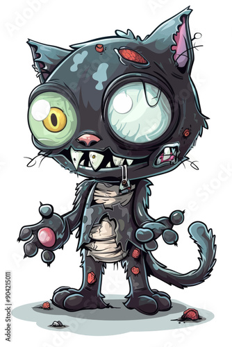 A cartoon cat with a creepy look on its face and a mouth full of teeth