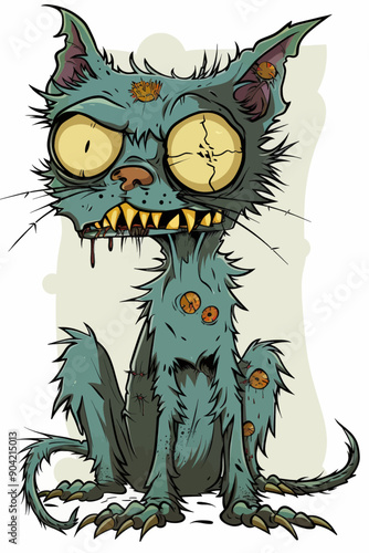 A cat with a zombie look on its face sits on a white background