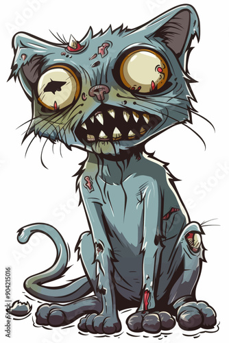 A cat with a zombie look on its face is sitting on a white background