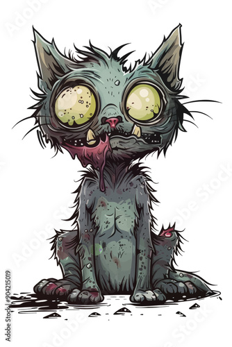 A cartoon cat with a bloody mouth and green eyes