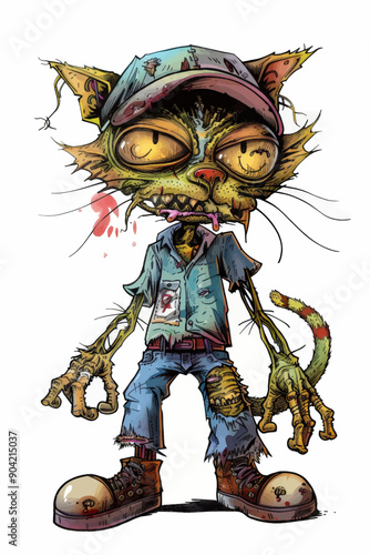 A cartoon cat with a bloody face and a hat on