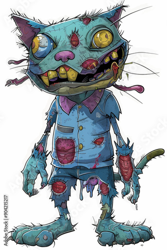 A creepy cat with a bloody face and a blue shirt