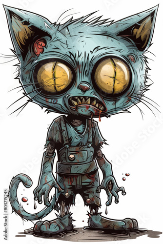 A cartoon cat with a bloody face and a bloody mouth