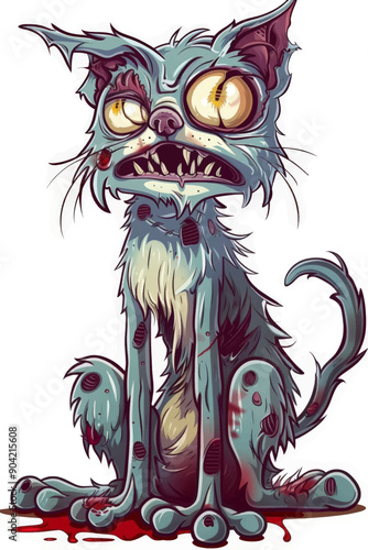 A cat with a bloody mouth and red eyes sits on a white background