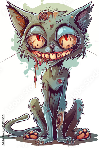 A cartoon cat with a bloody mouth and red eyes