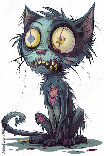 A cat with a zombie look on its face sits on the ground