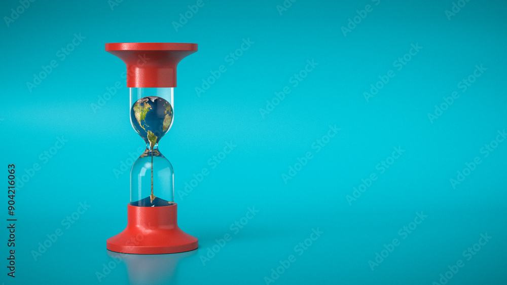 Erderwärmung - Erde mit den Kontinenten Amerika, Afrika und Europa in einer Sanduhr