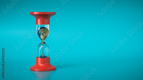 Erderwärmung - Erde mit den Kontinenten Europa, Afrika, Asien und Amerika in einer Sanduhr