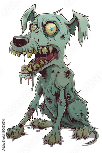 A cartoon dog with a zombie look on its face