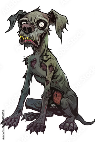 A dog with a zombie look on its face sits on a white background