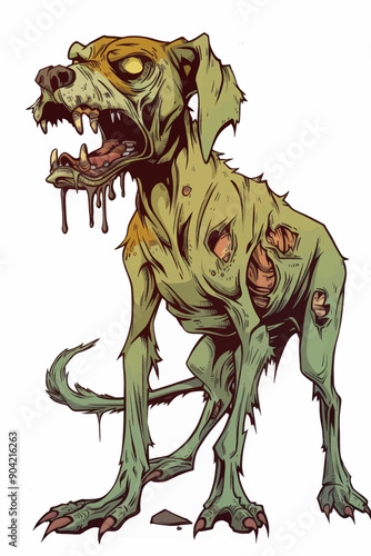 A dog with its mouth open and teeth showing, covered in blood and looking dead