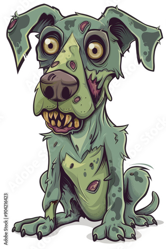 A cartoon dog with a zombie look on its face