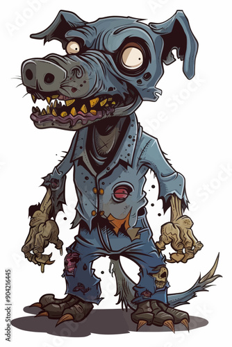 A cartoon dog with a creepy face and ripped clothing