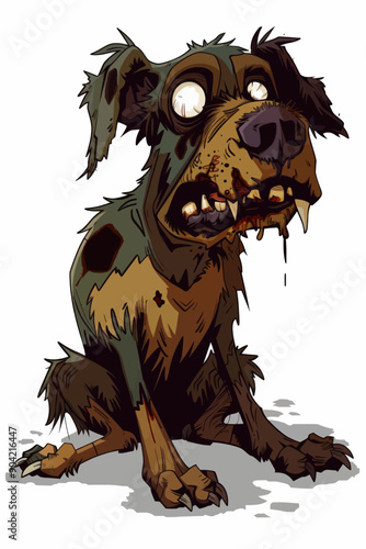 A dog with its mouth open and teeth showing, looking sad and dirty