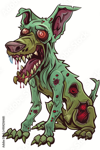 A dog with green fur and red eyes is sitting on a white background