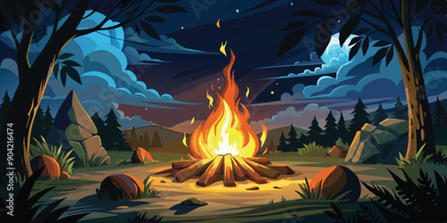 As darkness envelops the night, a crackling bonfire emerges, casting an enchanting glow of orange and yellow flames against the backdrop of the darkened sky vector art illustration.