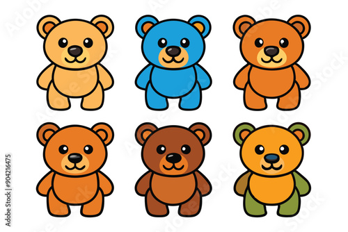 Six Cartoon Teddy Bears in Different Colors