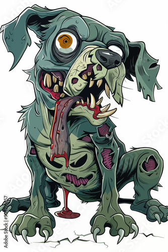A dog with a bloody tongue and teeth is drawn in a creepy, ghoulish style