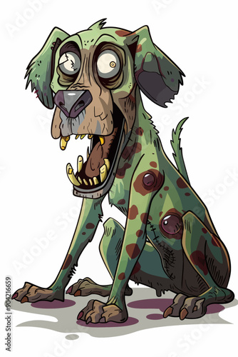 A cartoon dog with a green face and brown spots is sitting on a white background