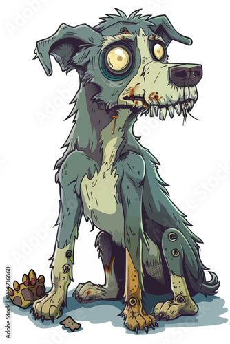 A dog with a zombie look on its face sits on a dirty floor