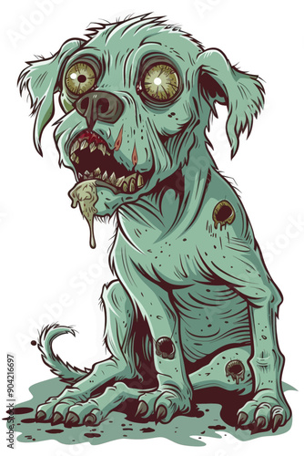 A cartoon dog with a bloody mouth and a creepy look on its face