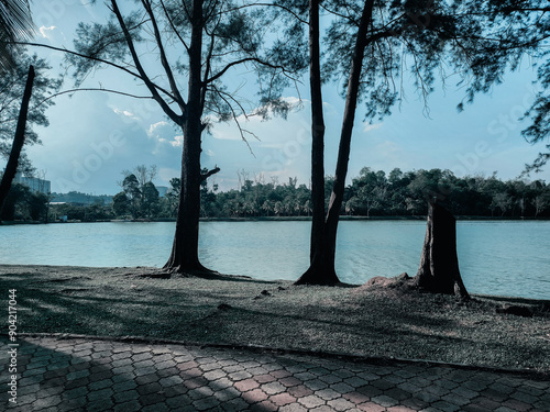 Beutiful landscape with trees, blue sky and wavy lake in the morning at Taman Bandar Kuantan, Pahang, Malaysia photo